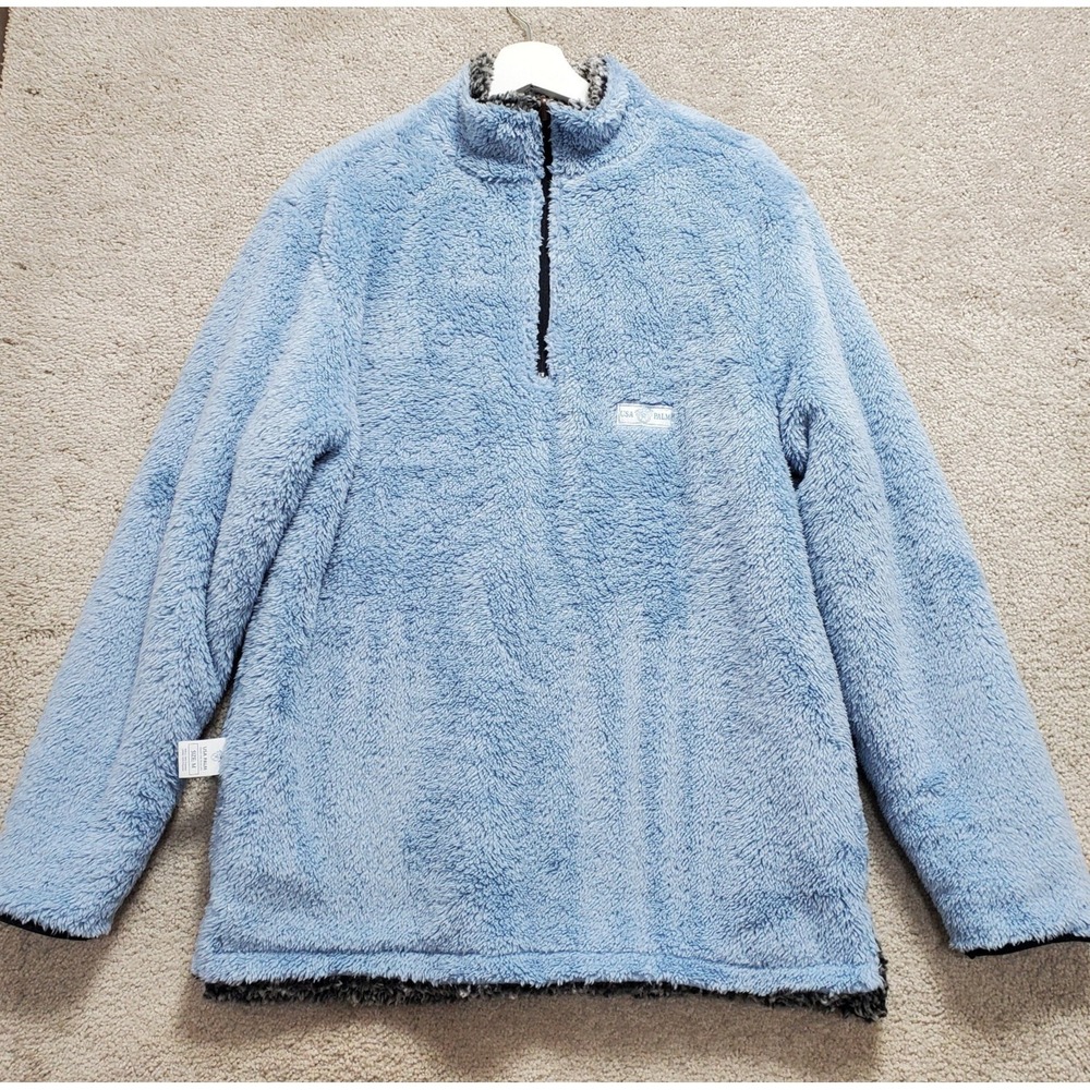 USA Palm Reversible‎ Jacket Men's Medium Blue Logo Sherpa Mock Neck Quarter Zip
